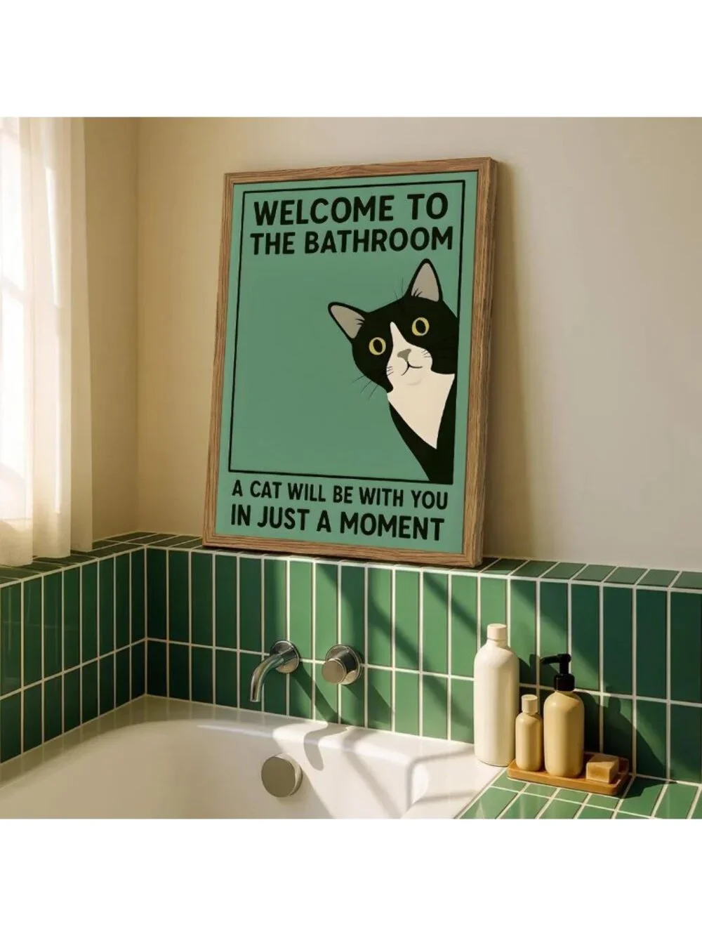 Quirky Tuxedo Cat Bathroom Wall Art - Cute Black & White Toilet Decor, 12x16